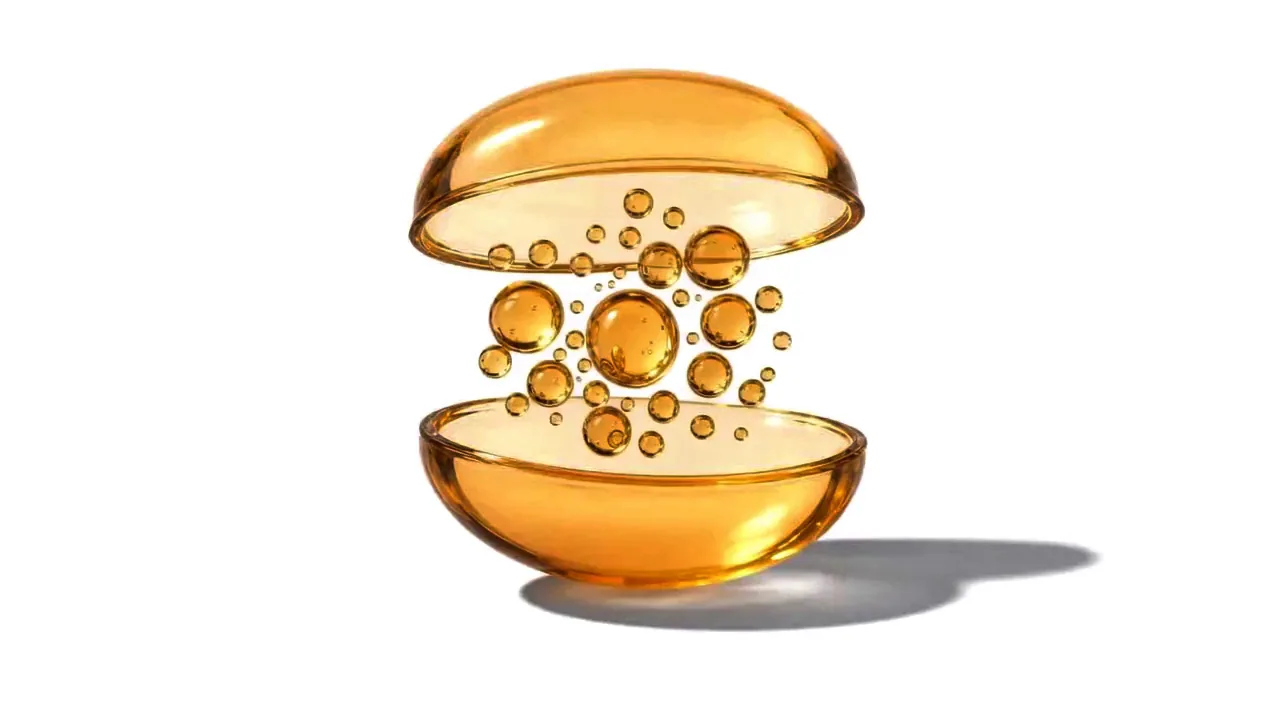 Generic exploded render of a fish-oil softgel: shell halves apart, oil drifting as droplets between them